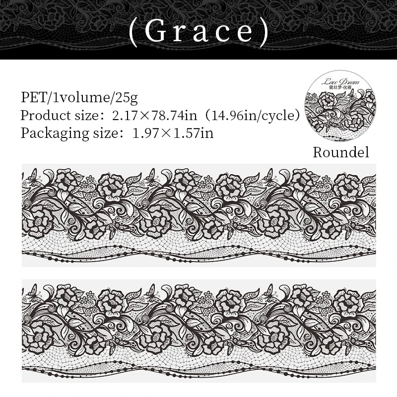 55mm*2m Black White Lace PET Tapes DIY Scrapbooking Junk Journal Aesthetics Decor Diary Collage Masking Tape Stationery Supplies Qme F