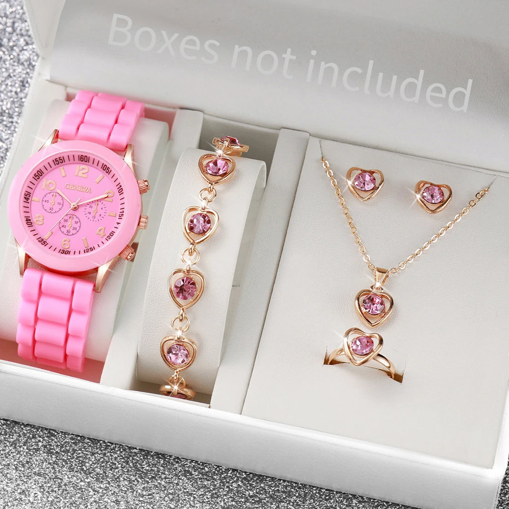 5Pcs Heart Crystal Watch Jewelry Set Women Geneva White Silicone Chronograph Quartz Wristwatch Matching Heart Jewelry Gift Qme