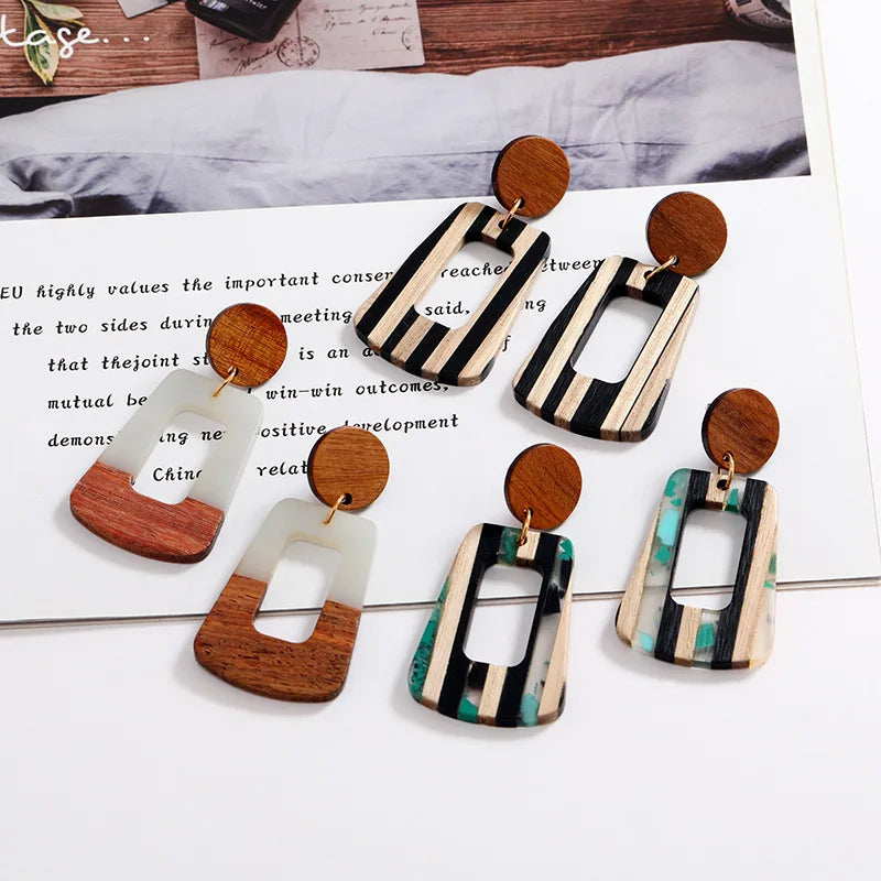 New Fashion Creative Wood Splicing Resin Earrings Hollow Trapezoid Geometric Earrings For Wedding Party Daily Wear Jewelry Gift Qme