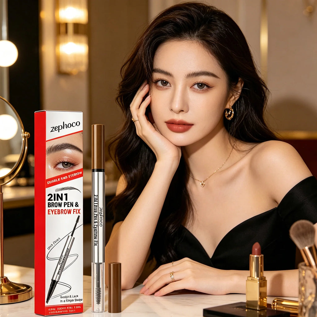 zephoco 2 in 1 Brow Pen Eyebrow Fix Long Lasting Waterproof Quick Shape Multi-use Smudge Proof Makeup Double-End Eye Brow Pencil Qme