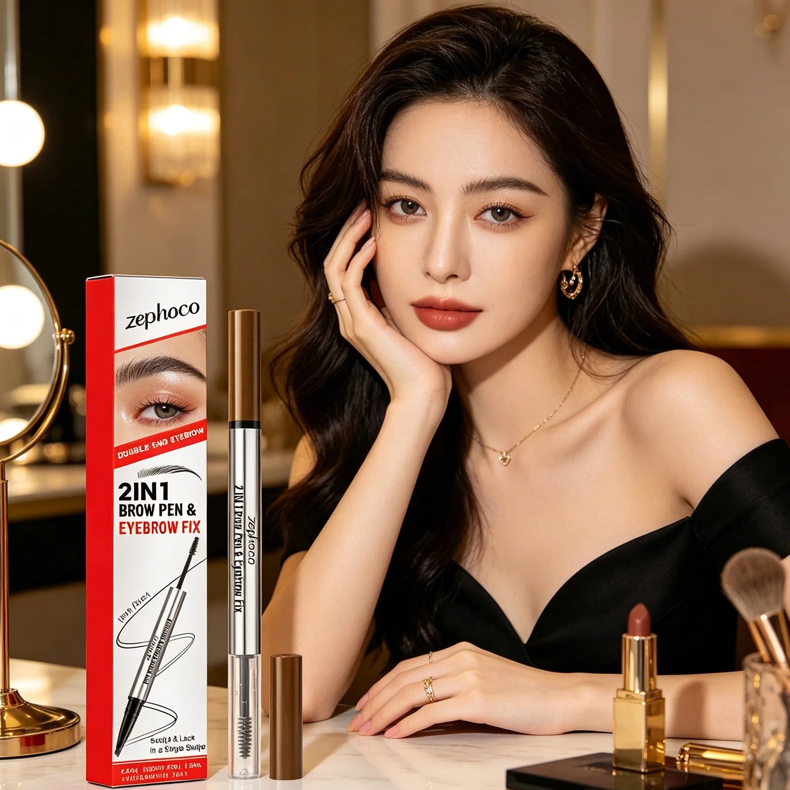 zephoco 2 in 1 Brow Pen Eyebrow Fix Long Lasting Waterproof Quick Shape Multi-use Smudge Proof Makeup Double-End Eye Brow Pencil Qme