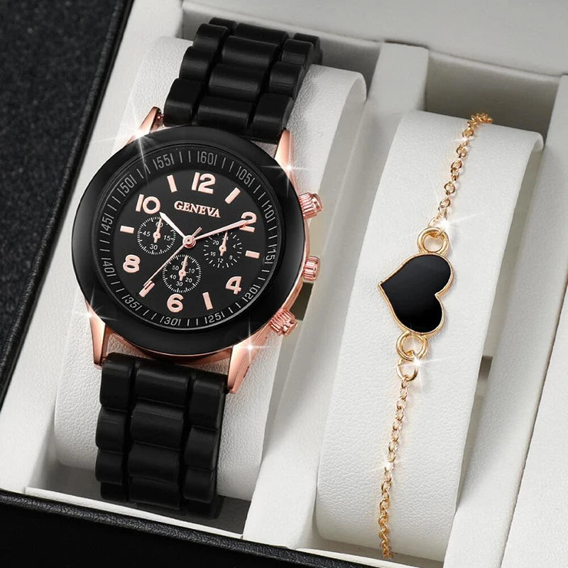 Geneva Three-eyed Timer Ladies' Watch Black Silicone Band Light Qme 15