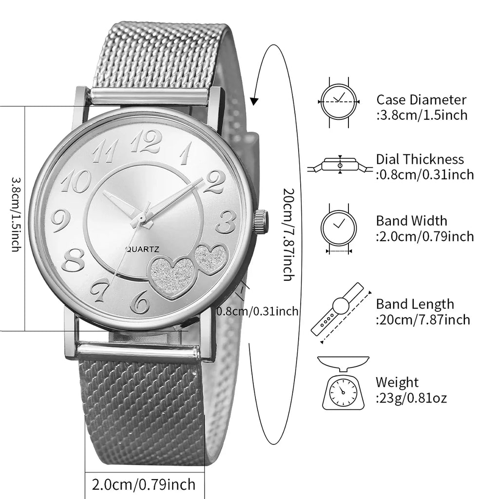 6 Pçs/set Moda Banda de Plástico Mulheres Relógios Coração Dial Relógio de Quartzo Conjunto de Jóias de Diamante (Sem Caixa) Qme