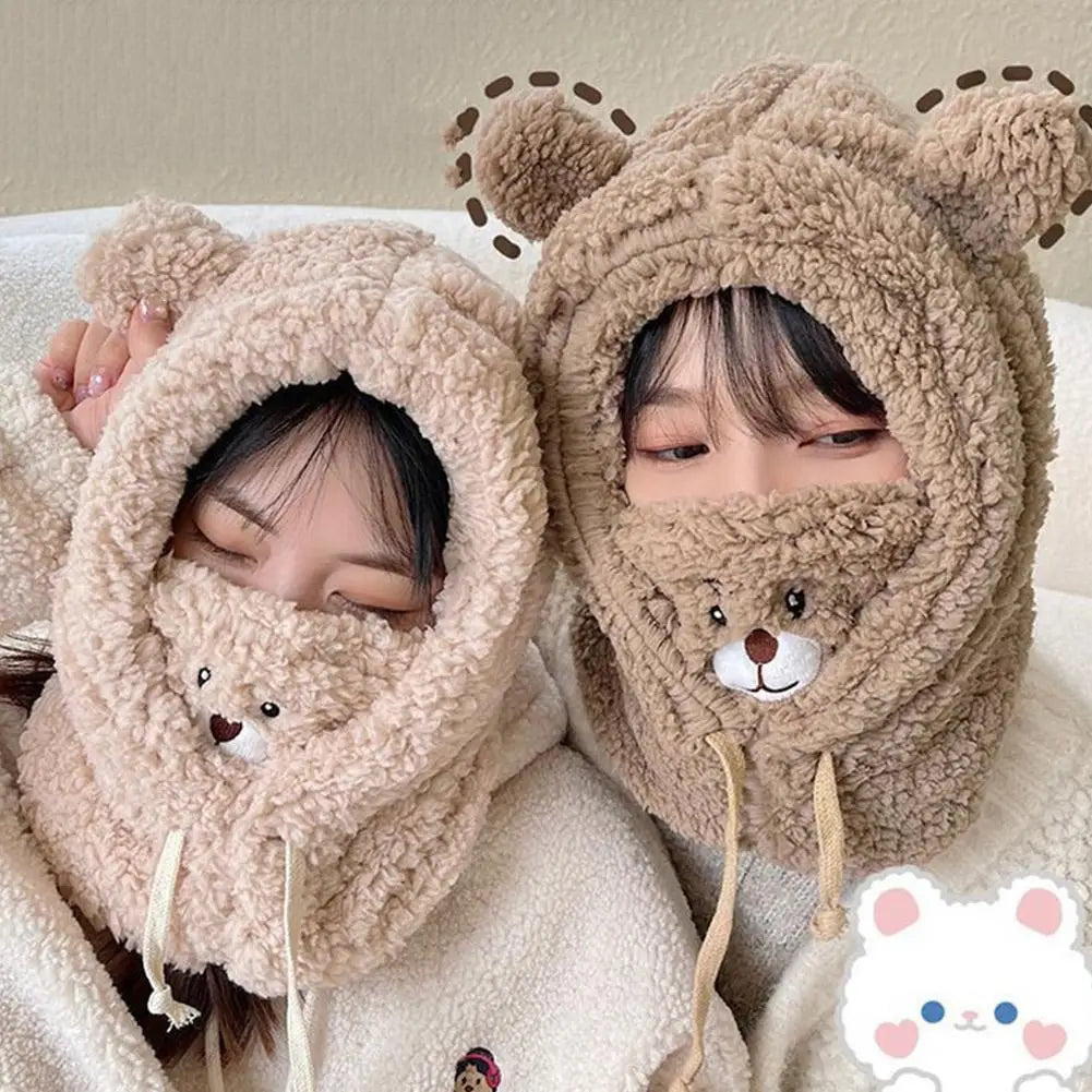 Winter Bear Plush Hat Scarf Mask One-Piece Warm Women's Cozy All-Match Cold Resistance Student Overhead Cap Fashion Accessory Qme