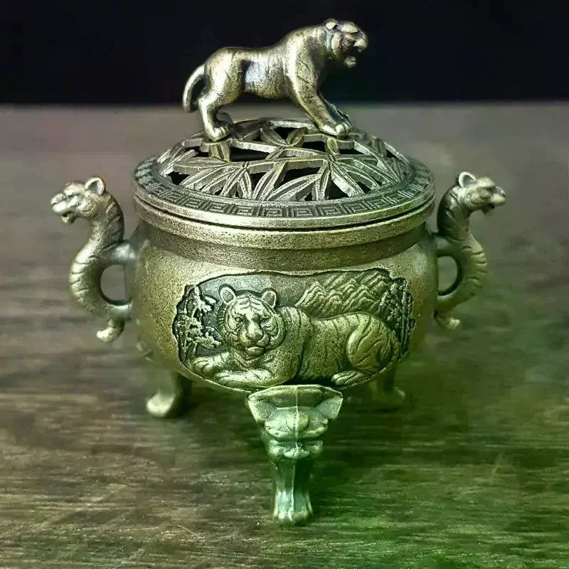 Tiger Incense Burner Metal Small Incense Burner Ornaments With Handle Yoga Meditation Home Decoration Ancient Style Qme