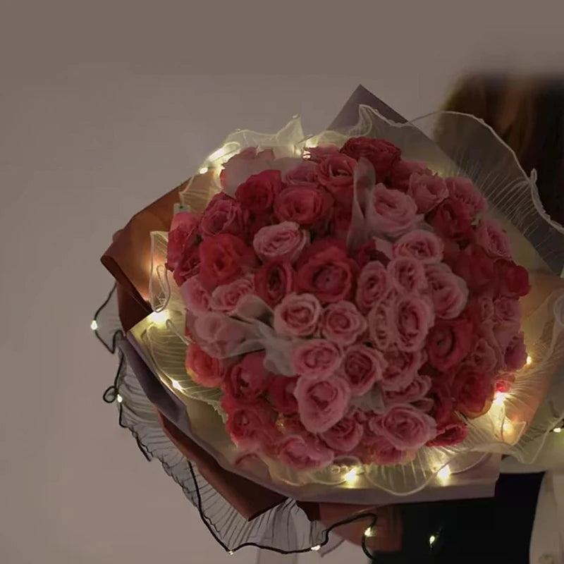 1Pcs LED Flower Wrapping Paper With Lights Lace Mesh Wave Yarn Florist Bouquet Packaging Decoration Wedding Birthday Gifts Qme
