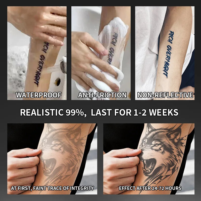 Tattoo Sticker Temporary Waterproof Long Lasting Body Art for Men Women Ins Scar Fake Tattoo Collarbone Arm Wolf Head Pattern Qme