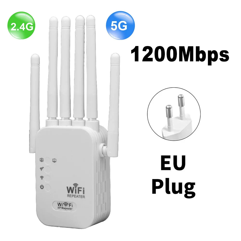 Dual Band Wireless WiFi Signal Extender 300/1200Mbps 2.4G/5G Wireless Repeater with 6 Antennas EU/US Plug Home Network Booster Qme 1200Mbps EU Plug