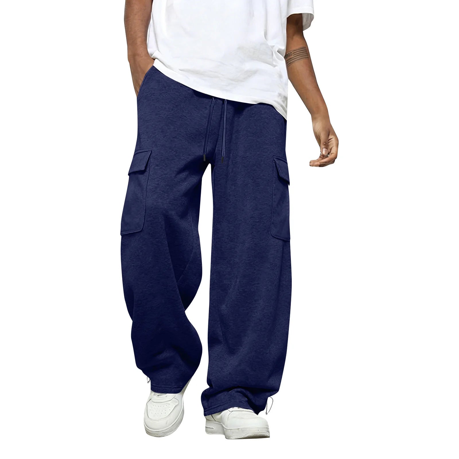 Male Basic Baggy Solid Wide Leg Sweatpants Fashion Daily Versatile Drawstring Elastic Waist Trousers Sports Hiking Comfy Pants Qme Navy XXL