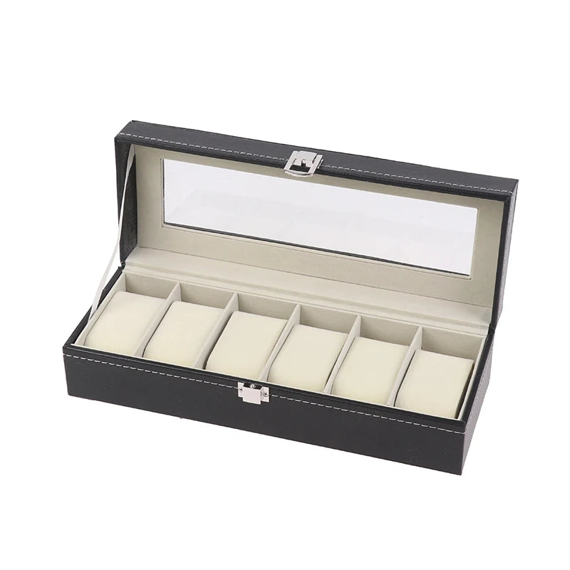 1Pc Black PU Leather Watch Box Display Case Organizer With Framed Glass Lid And Removable Pillow For Men And Women Qme 6 Slot