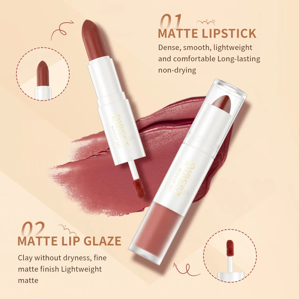 QIBEST 2 in 1 Long-lasting Matte Lipstick Sexy Red Lipstic Velvet Lipgloss Women Waterproof Nude Lip Tint Girl Fashion Makeup Qme