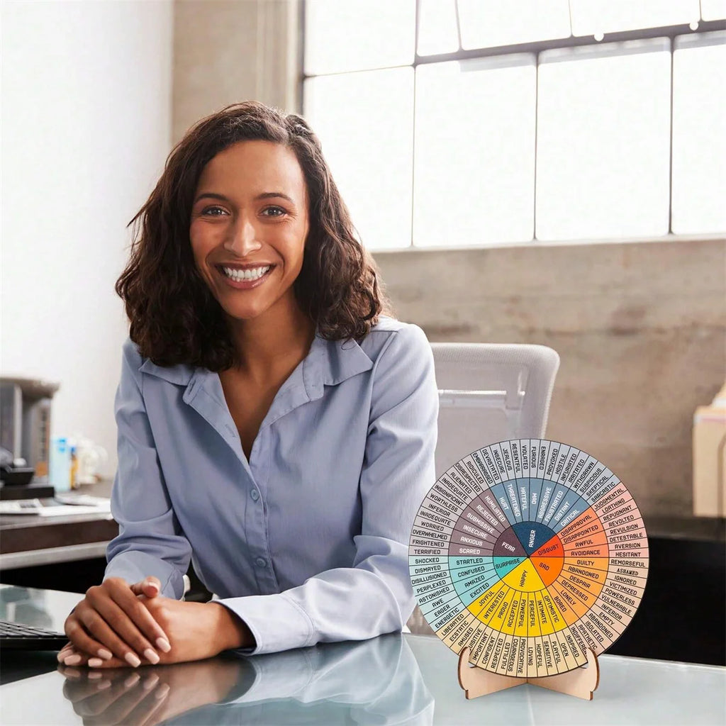 Feelings Wheel Therapy Office Desk Decor - Double Sided Mental Health Office Emotions Chart with Stand, Therapist Gifts for Home Qme
