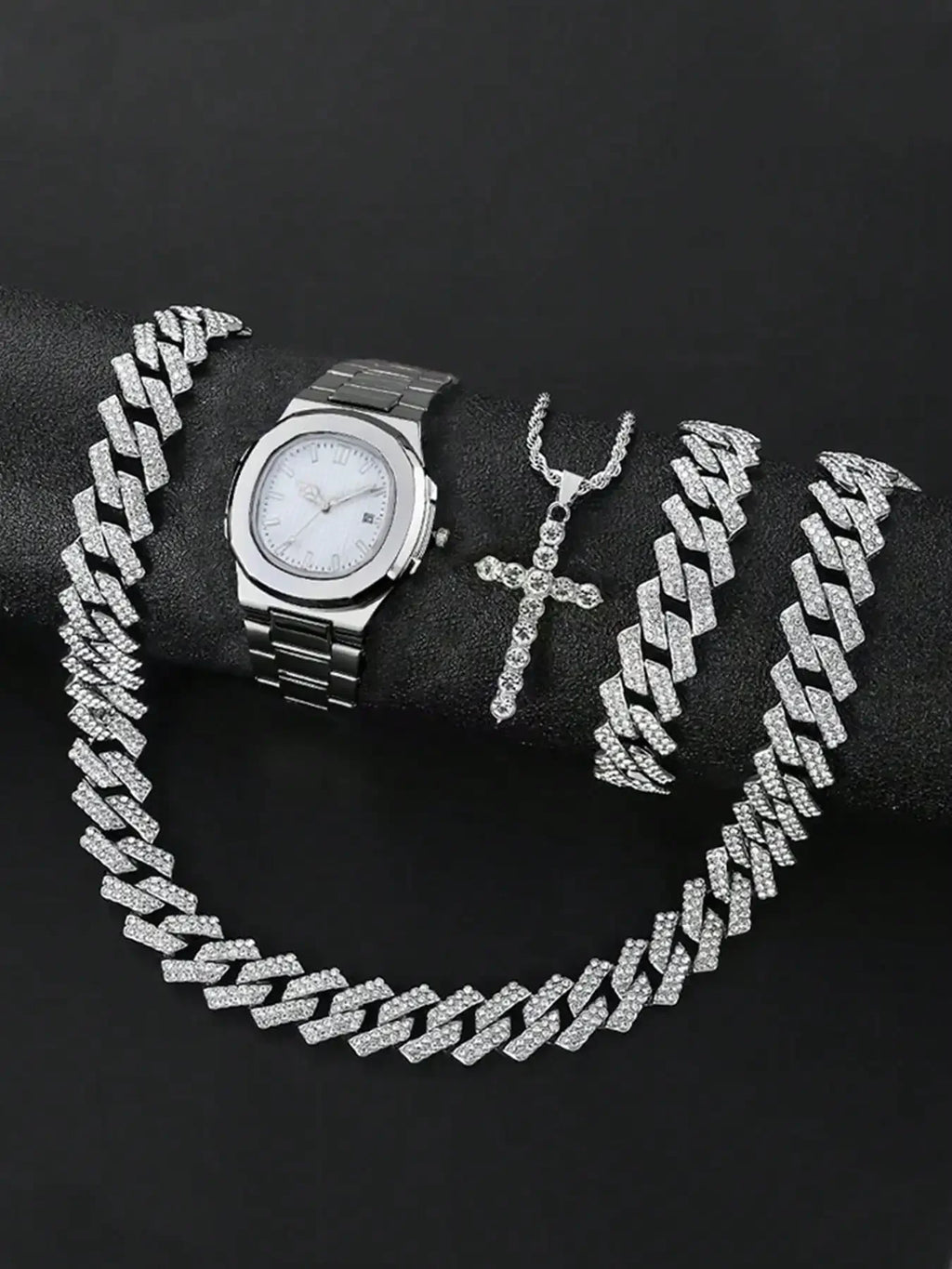 Men's Bling Jewelry Set: Silver Iced Out Watch + Cuban Link Chain + Bracelet + Cross Pendant Necklace, 4Pcs Hip Hop Set Qme
