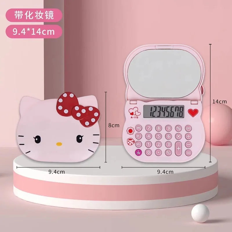 Hello Kitty Cartoon Calculator Cute and Portable Flip-Top Mirror Calculator Small Mini Makeup Mirror Qme
