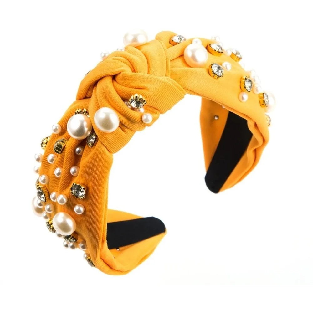 Solid Color Rhinestone Pearl Hairband Wide Edge Nail Pearl Head Hoop Hair Ornament Knot Style Baroque Headband Hair Accessories Qme Yellow