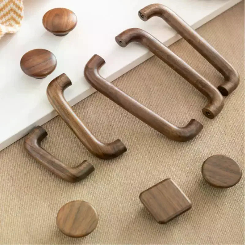 Natural Wood Color Cabinet Doors Solid Wood Handles Beech & Black Walnut Drawer Wooden Door Handles For Kitchen Bathroom Qme
