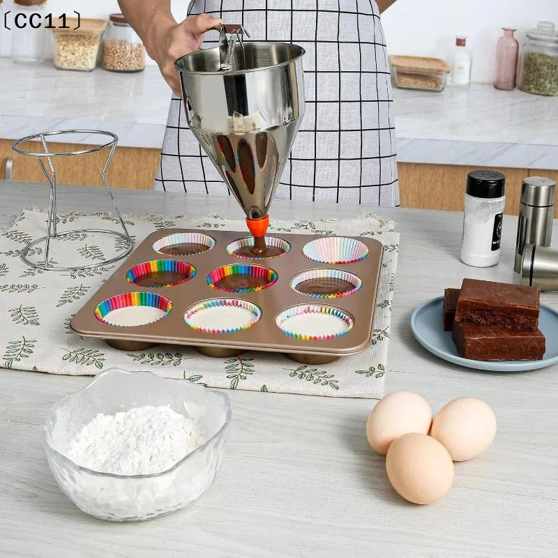 Stainless Steel Funnel Dispenser Rack Cupcake Pancake Batter Maker Qme