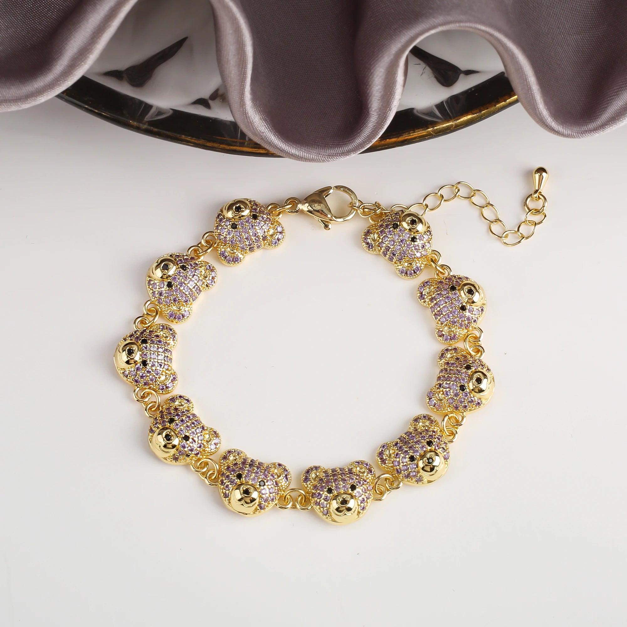 9 Colors Luxury Bear Shiny Zirconia Bracelet Classic Animal Adjustable Bracelet for Women Party Wedding Daily Wear Jewelry Gift Qme Purple