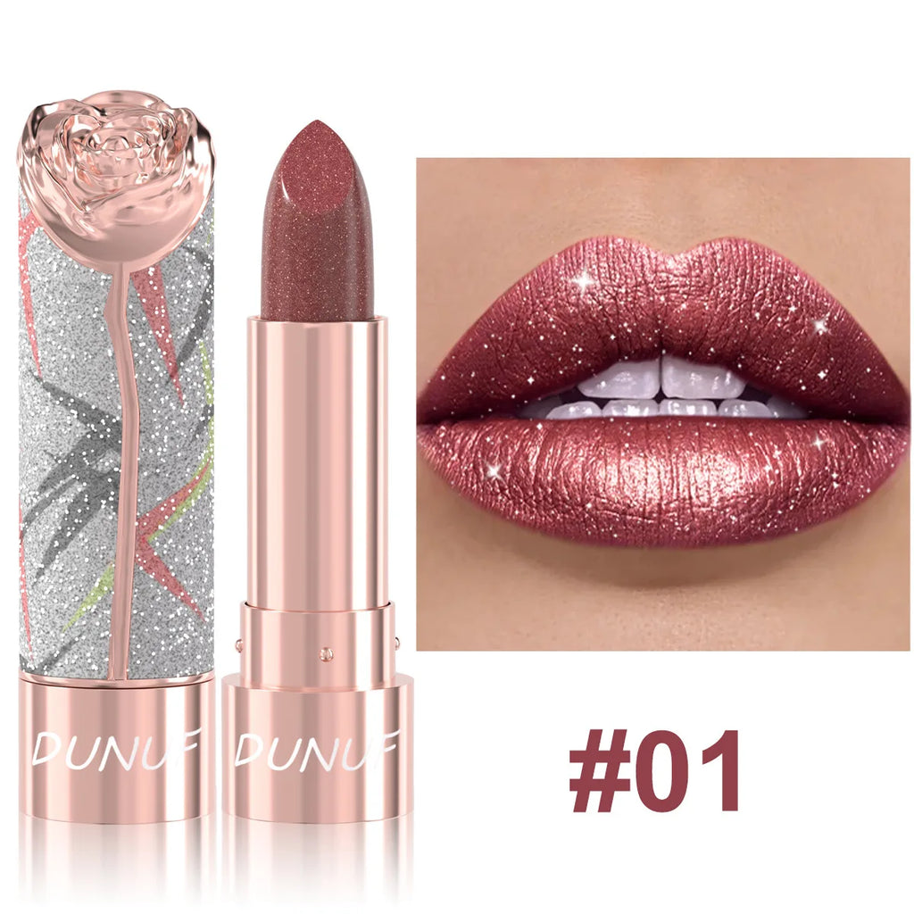 7 Colors Metallic Shimmer Lipstick, Gold Sparkle 3D Glitter Lip Makeup, High Pigment Velvet Matte Long Lasting Pearl Lipstick Qme 01
