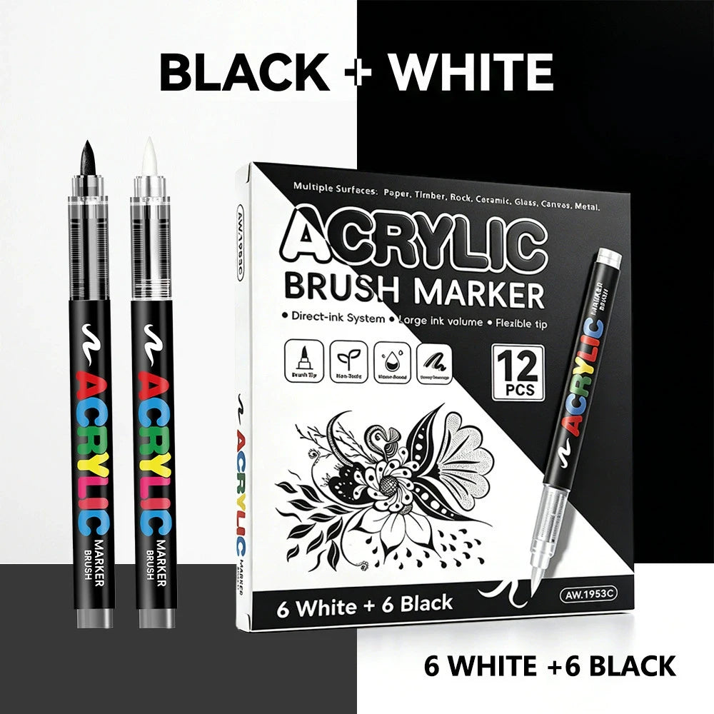 12 Colors Acrylic Paint Pen Set Black/White/Gold/Silver Acrylic Highlights Markers Brush Tip Markers for Wood Rock Painting Gift Qme 6 white 6 black