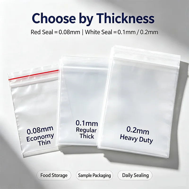 Clear Plastic Zip Lock Bags 0.08/0.1/0.2mm Red White Seal Reusable Storage Zipper Bags For Parts Food Travel Sample Packaging Qme 8x12cm-100pcs 0.1mm-Double Sided