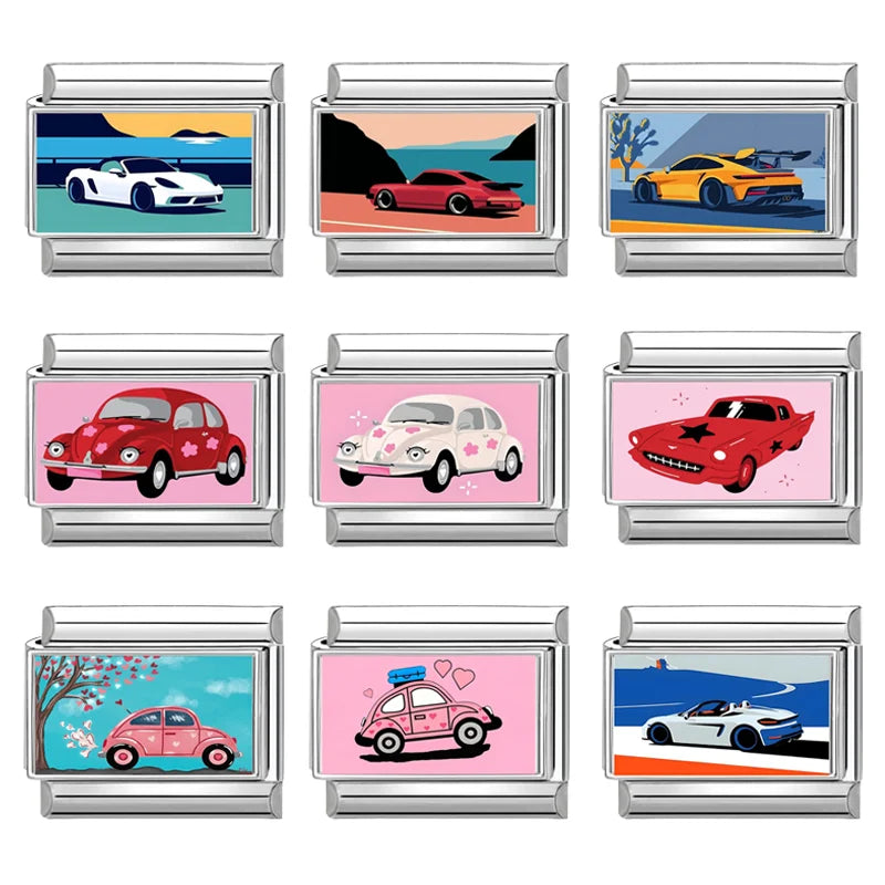 Vintage Car Fashion Classic Car Sport Car Colorful Italian Charms Fit 9mm Stainless Steel Women Bracelet DIY Jewelry Gift 2026 Qme