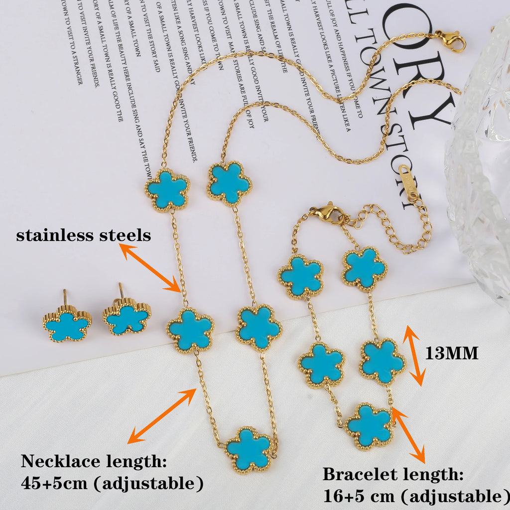 4Pcs 18k Gold-Plated Five-Leaf Flower Necklace Earrings Ring Bracelet Jewelry Set For Woman Party Jewelry Daily Wear Clover Gift Qme