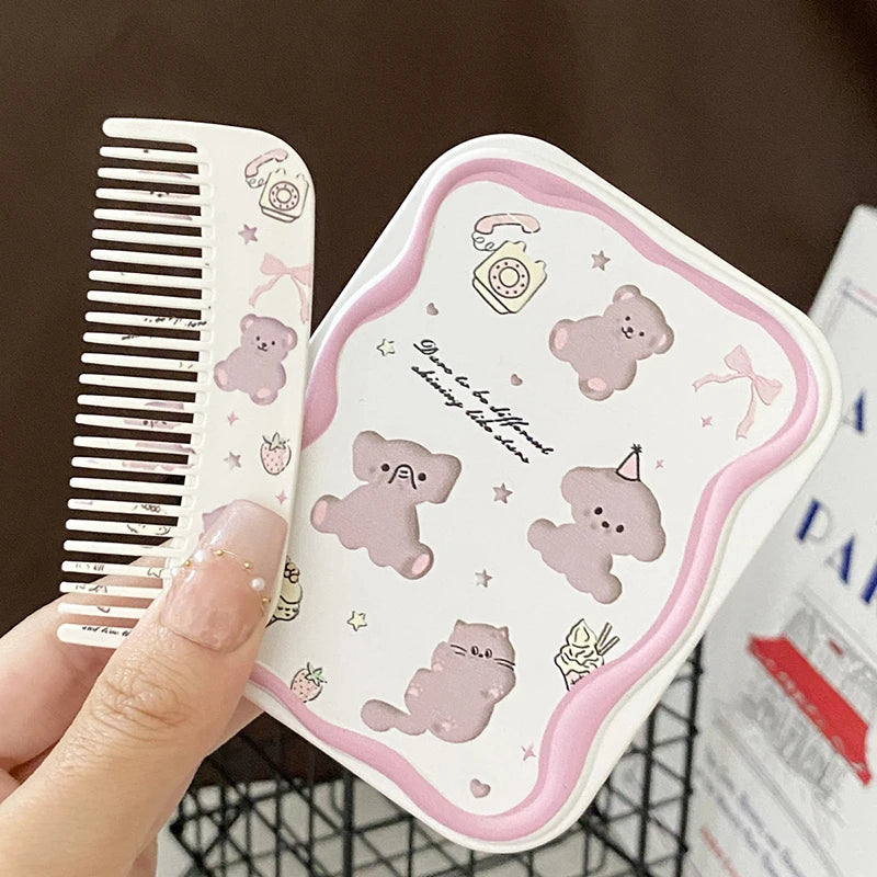 Portable Creative Women Girls Handheld Mirror Cartoon Cute Bear Qme