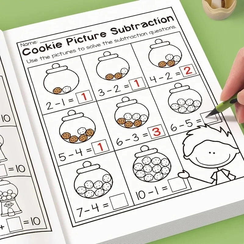 32-Page Interactive Math Learning Workbook with Addition & Subtraction Worksheets, Crossword Puzzles, Colorful Math Activities Qme