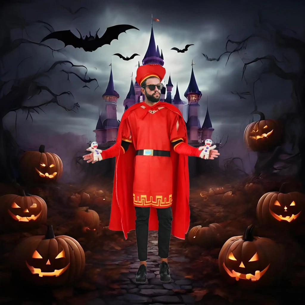 Adult Lord Farquaad Costume King Outfits Set with Red Hat Cape Gloves Belt Fancy Dress Up for Halloween Party Cosplay Costume Qme
