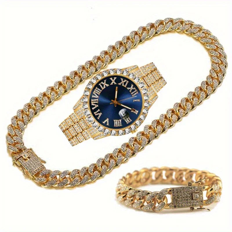 Fashion Silver Blue Watch Set Gift Box Men's Ice Inlaid 12mm Cuban Chain Necklace Bracelet Watch Set Hip Hop Chain Ice Jewelry Qme Rose No