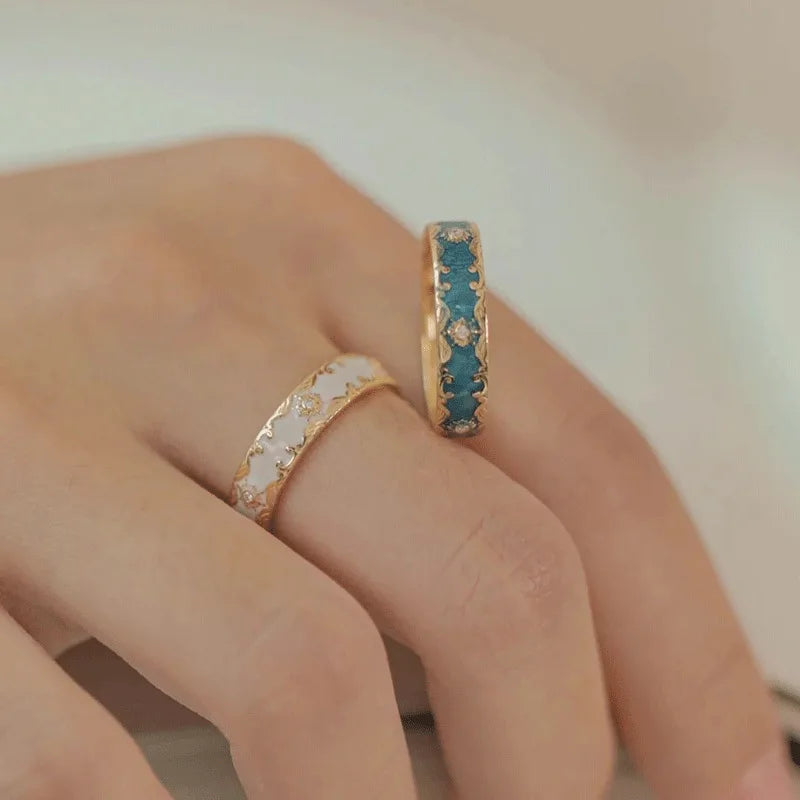 Niche New Fashion Retro Enamel Patterned Open Ring Exquisite Fairy Temperament Jewelry Beautiful Design Couple's Day Trend Gift Qme