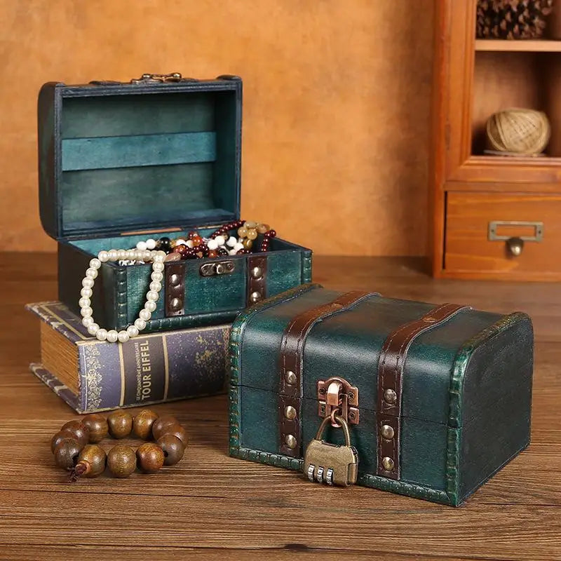 Retro Wooden Storage Box With Lock Retro Treasure Jewelry Necklace Postcard And Small Objects Storage Case Trinket Chest Qme