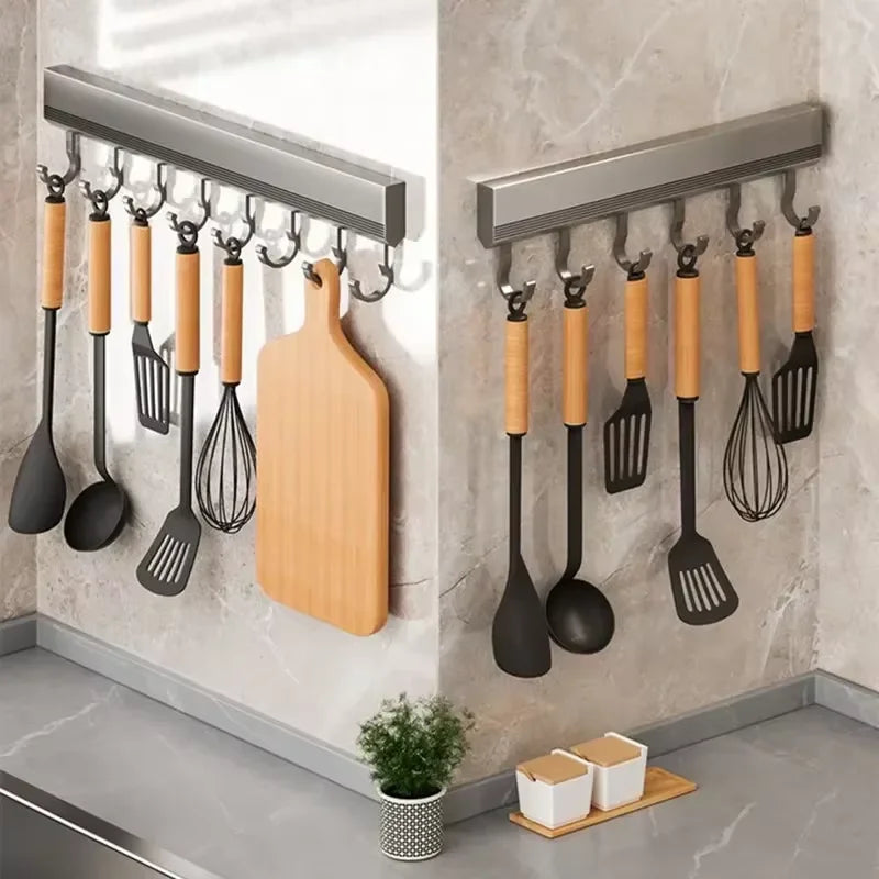 Kitchen HookRack - Wall-Mounted Without Drilling - Space Aluminum Multi-Functional Storage Hooks Qme