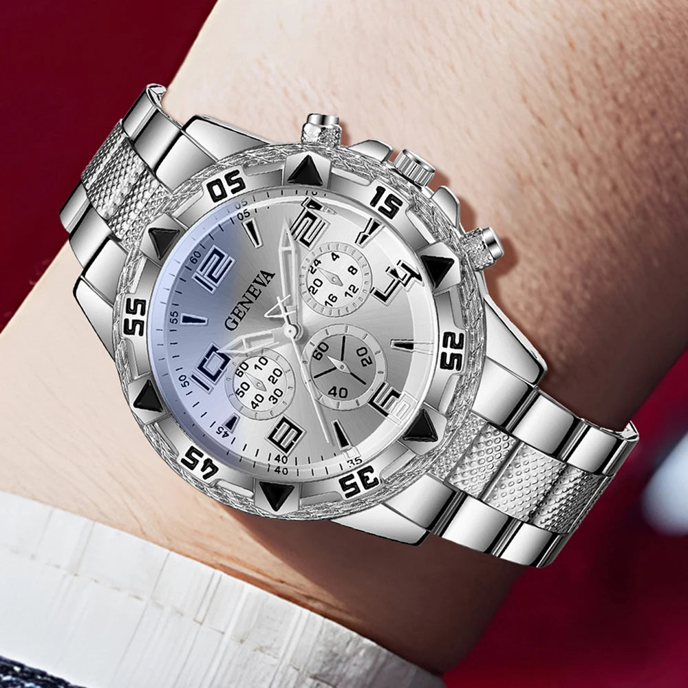 Geneva silver plate three eyed men's steel strap watch full diamond Cuban bracelet necklace three piece set, Qme
