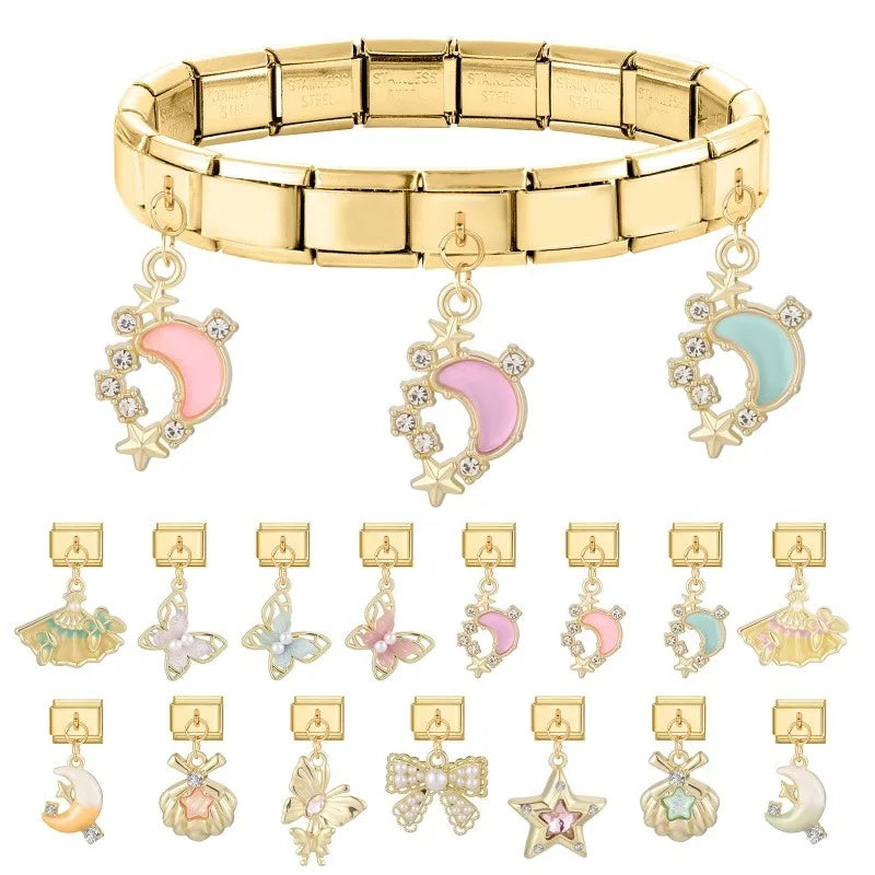 Y2k Charm Colored Butterfly Bowknot Leafs Italian Charm Links Fit 9mm Bracelet Stainless Steel DIY Jewelry Making Wholesale Qme