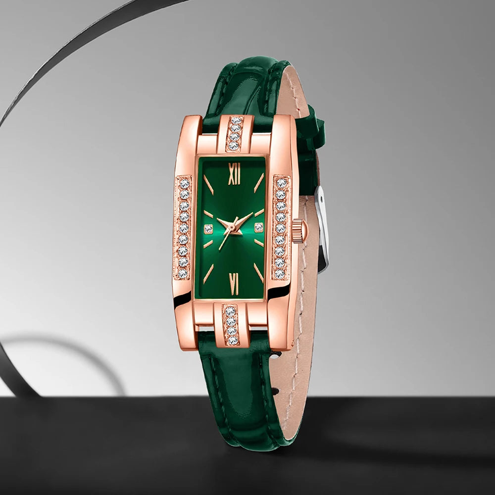 Luxury 6 In 1 Emerald Rhinestone Watch Necklace Earrings Ring Bracelet Set Qme