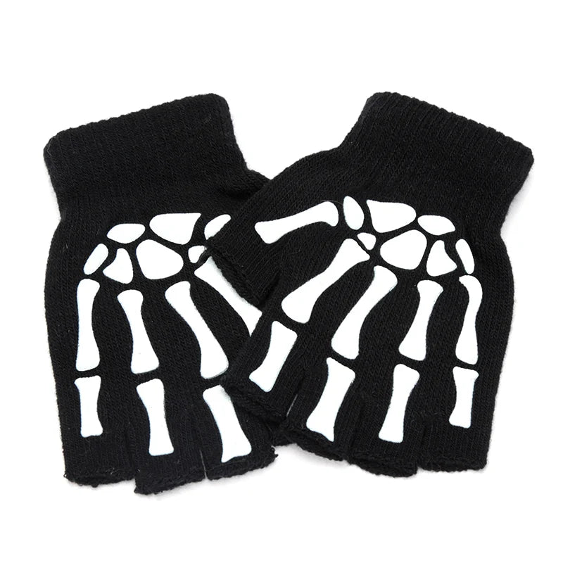 Skull Punk Gloves Black Neutral Half Finger Ghost Claw Knitted Qme black