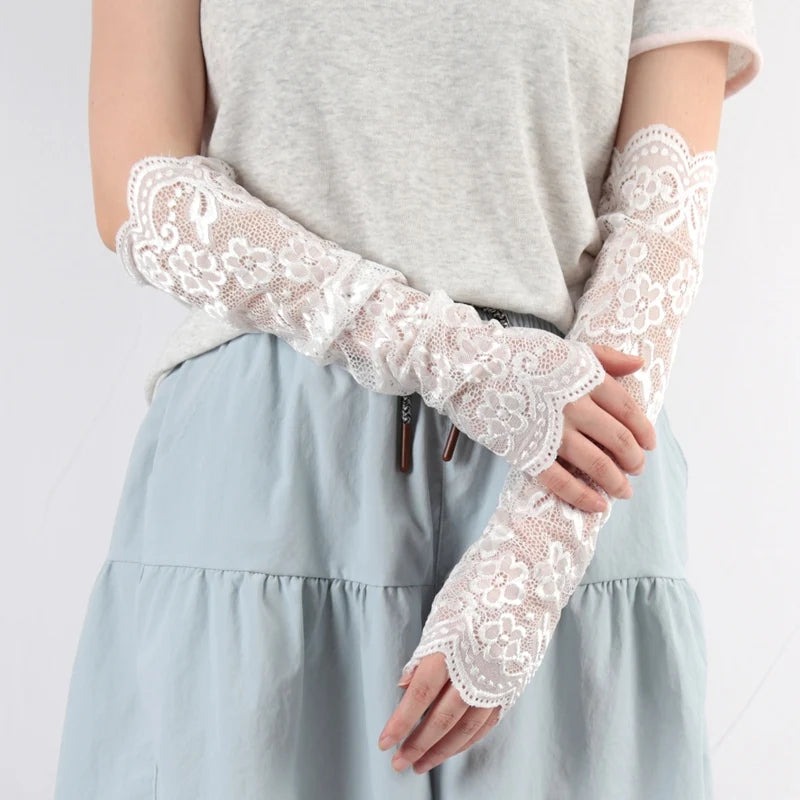 Women Long Lace Fingerless Gloves Flower Sun Protection Arm Sleeves Qme WHITE One Size