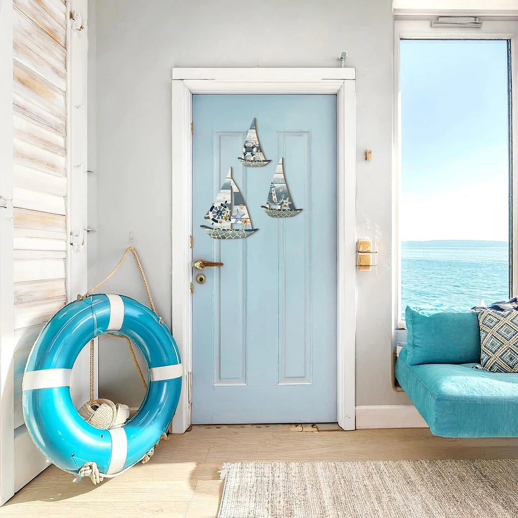 1 set of 2D retro lifebuoy pattern sailboat wooden wall decoration, Mediterranean ocean style farmhouse wall decoration Qme