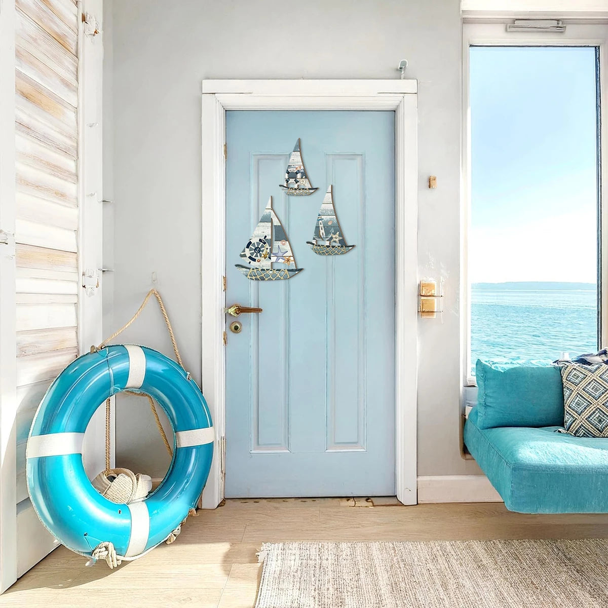 1 set of 2D retro lifebuoy pattern sailboat wooden wall decoration, Mediterranean ocean style farmhouse wall decoration Qme