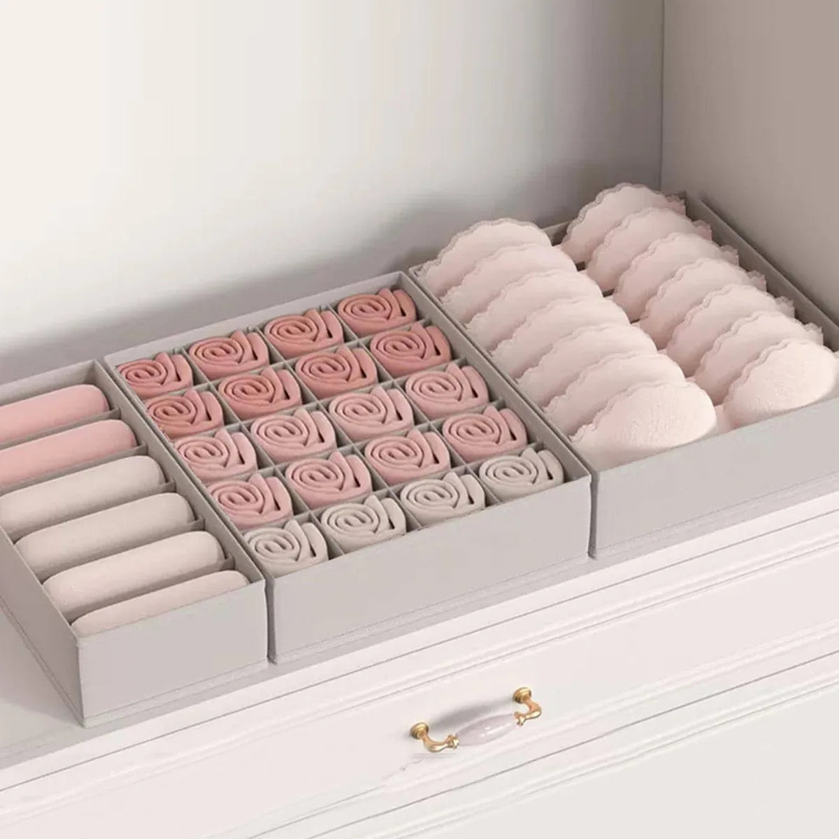 3-Piece Underwear Drawer Organizer Set: Multi-Compartment Storage Box for Bras Panties & Socks | Fits in Dresser Qme Grey 3-Piece Set