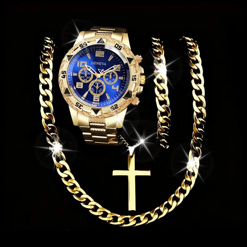 Men Geneva Gold Watch Cross Necklace 2Pcs Hip Hop Jewelry Set Qme