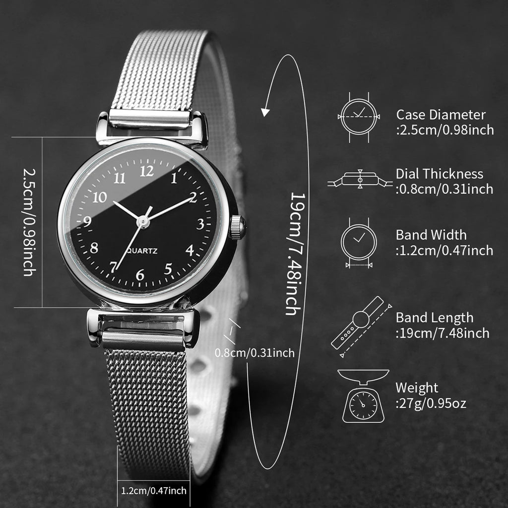 4 pçs/set moda pequeno mostrador relógios femininos senhoras malha banda analógico relógio de pulso de quartzo reloj mujer Qme