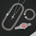 Men's Bling Jewelry Set: Silver Iced Out Watch + Cuban Link Chain + Bracelet + Cross Pendant Necklace, 4Pcs Hip Hop Set Qme Coffee