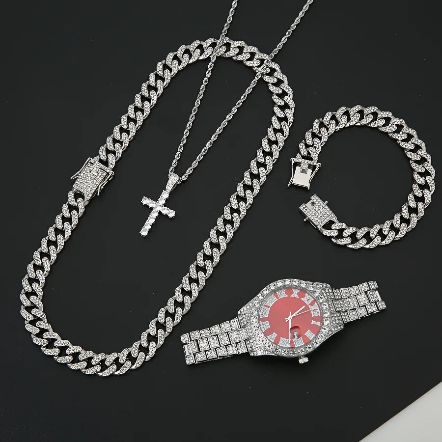 Men's Bling Jewelry Set: Silver Iced Out Watch + Cuban Link Chain + Bracelet + Cross Pendant Necklace, 4Pcs Hip Hop Set Qme Coffee