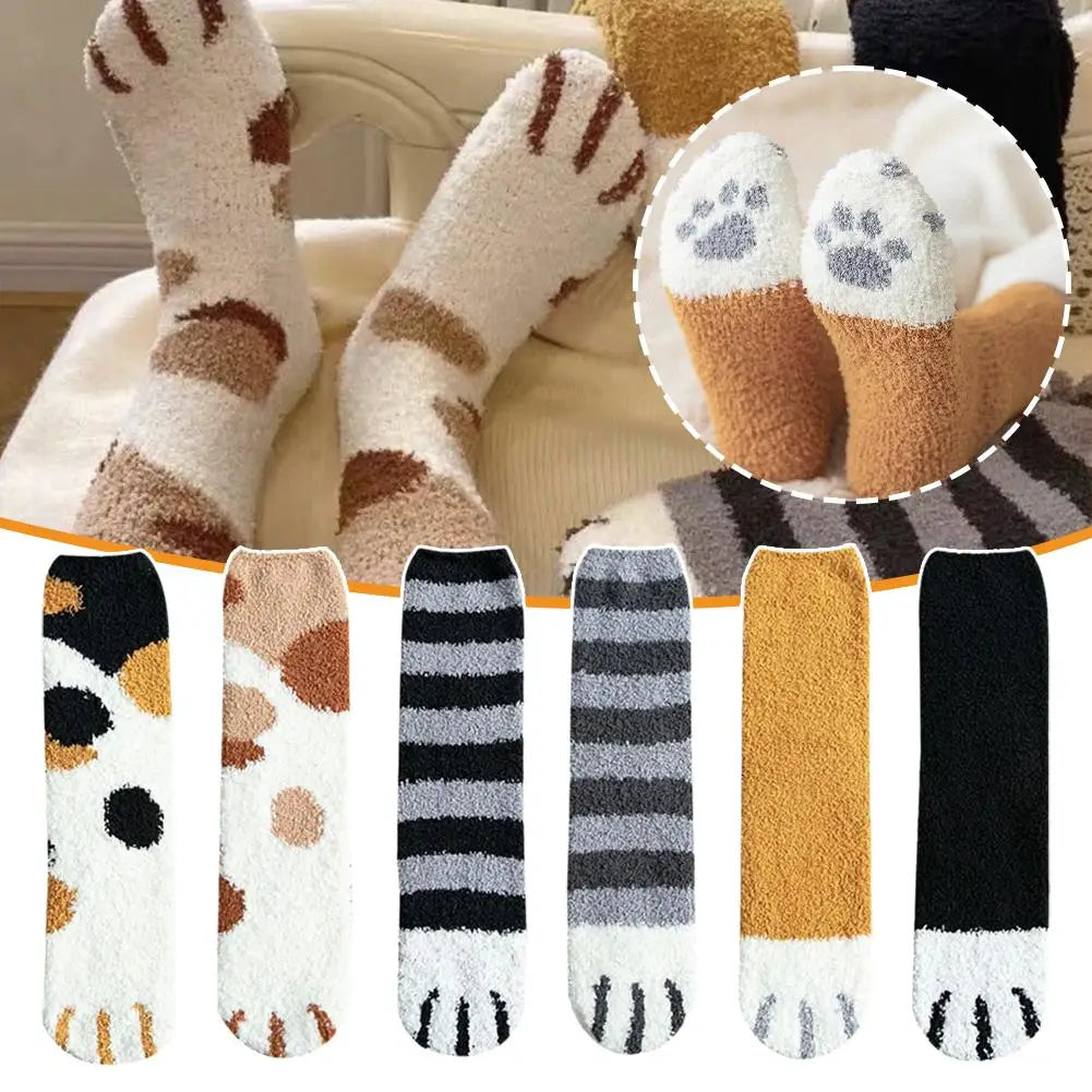 Women Winter Warm Fluffy Socks Cute Animal Claw Cat Paw Footprint Fuzzy Socks Female Thick Coral Fleece Home Floor Sleep Socks Qme