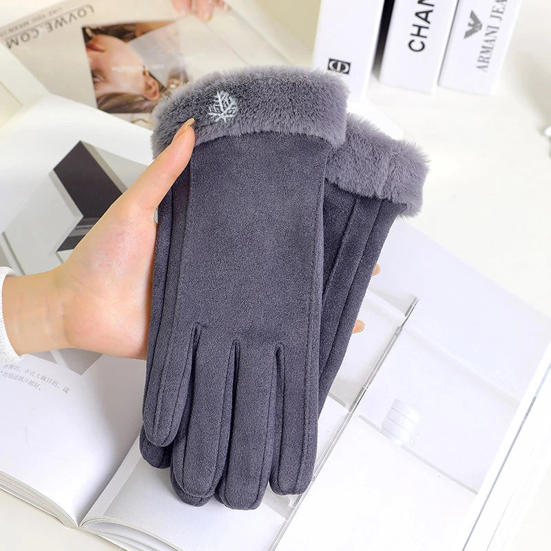 Autumn Winter Warm Suede Gloves Velvet Thickened Plush Decor Cuff Qme
