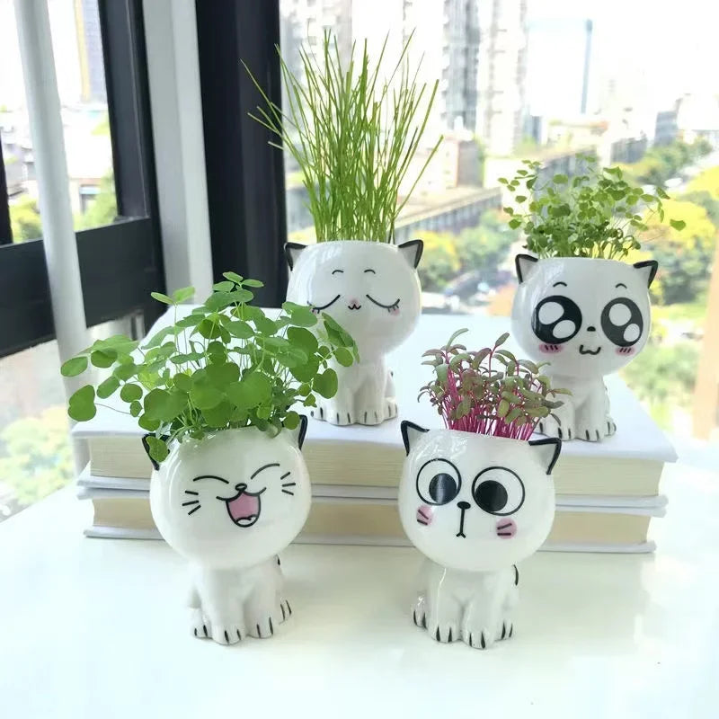 1pc Mini Cat Shaped Ceramic Flower Pot Cute Cartoon Desktop Potted Plant Pot DIY Home Desk Decor Nursery Pot School Gifts Qme