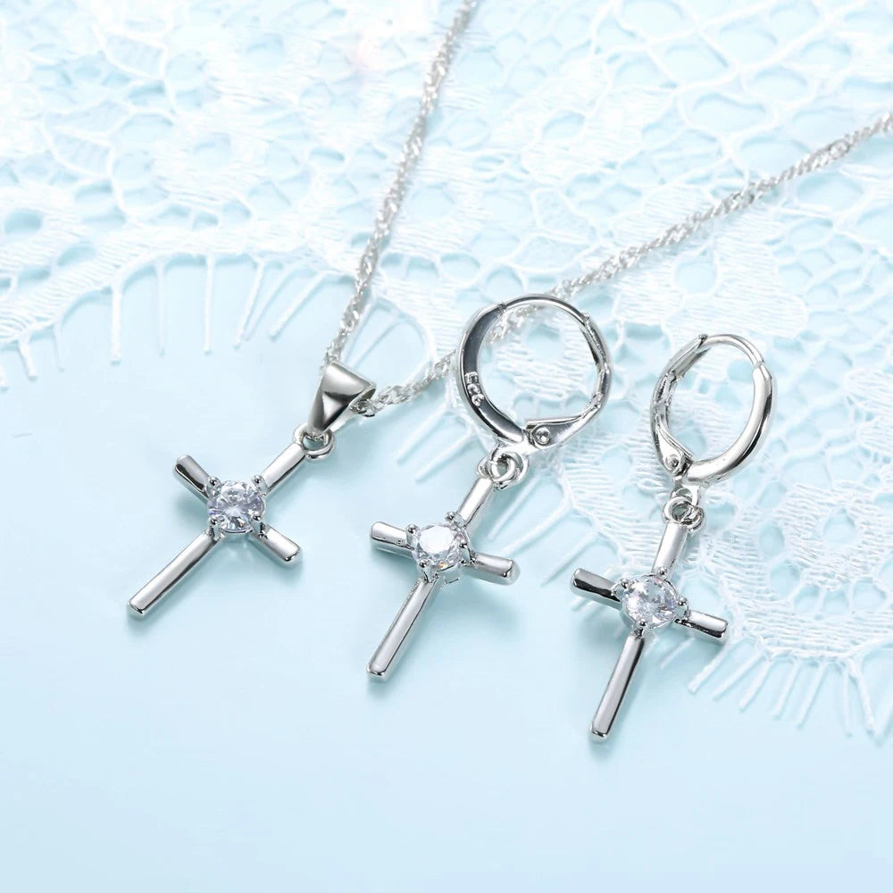 925 Sterling Silver Stamped Necklaces Earrings Cross Shape Classic Fashion Jewelry Set CZ Cubic Zirconia Party Unisex Wholesale Qme